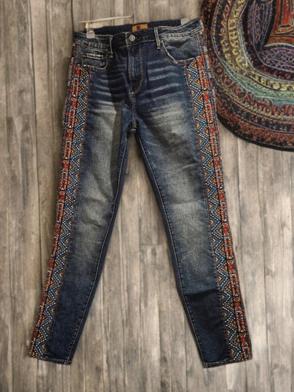DRIFTWOOD Vibrant & Artsy Embroidered and Beaded Denim Jeans.